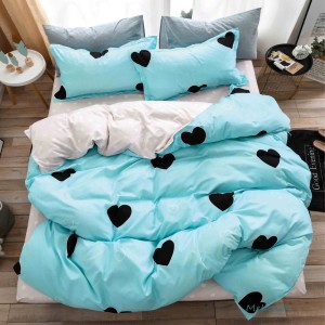 Lenjerie pat 1 PERSOANA, 4 piese, cu ELASTIC,  Bleu, inimioare