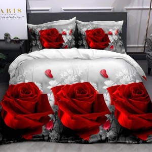Lenjerie pat dublu, 4 piese, IMPRIMEU 3D Multiplicat Multiplicat, Microfibra, Rosu, trandafiri