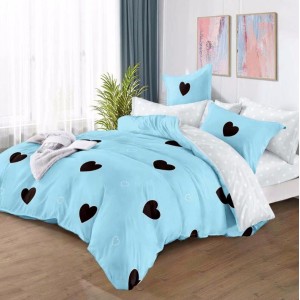 Lenjerie pat dublu,  FINET, 6 piese, cu ELASTIC, Bleu, inimioare