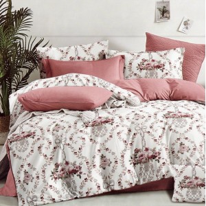 Lenjerie pat dublu,  FINET, 6 piese, Roz pudra, flori