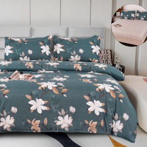 Lenjerie pat dublu, bumbac satinat,  cu ELASTIC, 4 PIESE, verde, flori