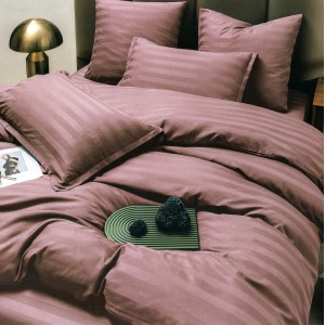 Lenjerie HoReCa DeLuxe, pat dublu, Damasc cu Dunga latã de 3cm, 6 piese, Roz pudra