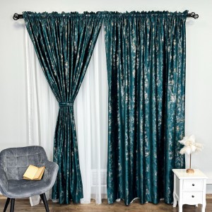 Draperie Catifea Asama cu insertii aurii, 140cm latime x 260cm înălțime, cu TIV LAT, Turquoise - V36