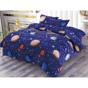 Lenjerie pat dublu, Super Pufoasa COCOLINO, 4 piese, cu ELASTIC, Albastru, planete