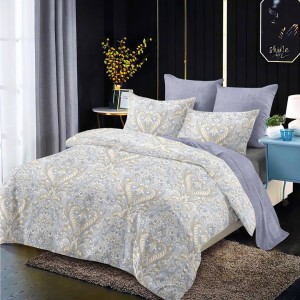 Lenjerie Pat Dublu,  FINET, 6 piese, Gri, Bleu, Model Oriental