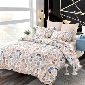 Lenjerie pat dublu,  FINET, cu elastic, 6 piese, Alb, Multicolor, Flori, Oriental