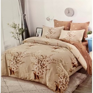 Lenjerie pat dublu,  FINET, cu elastic, 6 piese, Bej, flori