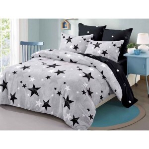 Lenjerie pat dublu,  FINET, cu elastic, 6 piese, Gri, Negru, Stelute
