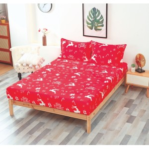 Cearsaf cu elastic CoCoLiNo Polar, 180x200x25cm, 2 fete de perne 50x70cm, Rosu, Alb, fulgi de nea, reni