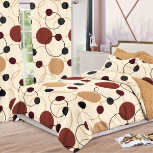 Lenjerie pat dublu,  FINET, 8 piese, cu 2 DRAPERII INCLUSE, Crem, Maro, cercuri, buline