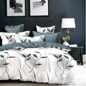 Lenjerie pat dublu,  FINET, 6 piese, cu ELASTIC, Albastru, frunze