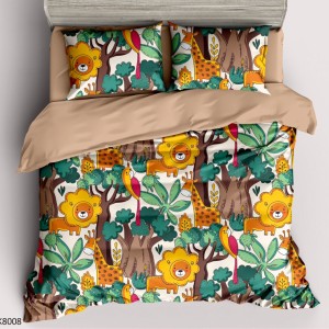 Lenjerie pat Single, BUMBAC 100% Percal, cu 2 Fețe, 4 piese, Alb, Bej, Verde, Galben, Animale, Copaci, Jungla