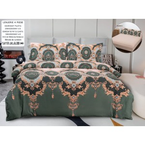 Lenjerie pat dublu, bumbac satinat,  Cearșaf cu ELASTIC 180x200cm, 4 PIESE, Verde, Bej, oriental