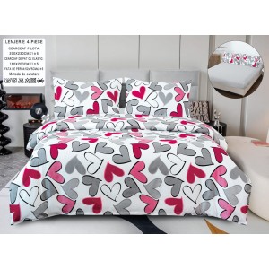 Lenjerie pat dublu, bumbac satinat,  Cearșaf cu ELASTIC 160x200cm, 4 PIESE, Alb, Roz, Gri, inimioare