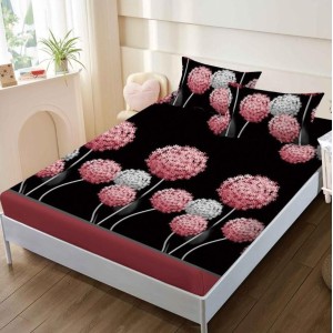 Cearsaf cu elastic, FINET, 160x200cm, 2 fete de perne 50x70cm, Negru, papadii