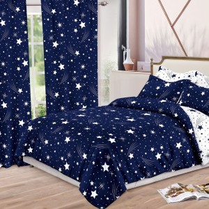 Lenjerie pat dublu,  FINET, 8 piese, cu 2 DRAPERII INCLUSE, Albastru, Alb, ploaie de stele