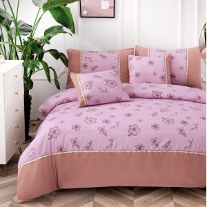 Lenjerie pat dublu,  Finet, CEARSAF CU ELASTIC, 6 piese, Roz, model floral