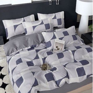 Lenjerie pat dublu,  FINET, 6 piese, Gri-Albastru, forme geometrice