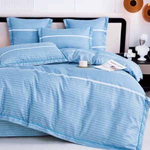 Lenjerie de Pat Dublu, Super Premium,  Finet Ranforsat – Set Exclusivist 6 Piese, Ambalat în Cutie de Lux, Bleu, Alb, dungi