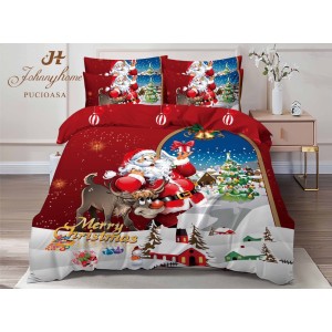 Lenjerie pat dublu,  FINET, Digital Print, Craciun, Roșu, Multicolor, Moș Crăciun, Rudolf