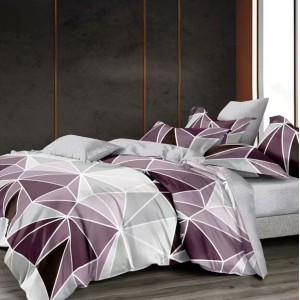 Lenjerie pat dublu,  FINET, 6 piese, cu ELASTIC, Gri-Mov, forme geometrice