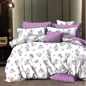 Lenjerie pat dublu,  FINET, 6 piese, cu ELASTIC, Lila, flori