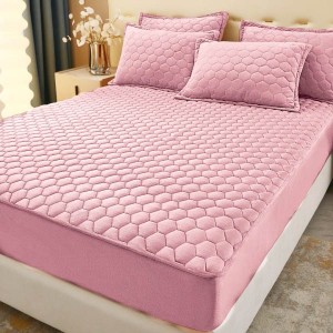 Husã matlasatã tip topper din catifea, 160x200cm + 2 fete de perna 50x70cm, roz