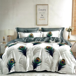 Lenjerie pat dublu,  FINET, 6 piese, Gri-Verde, pene de paun