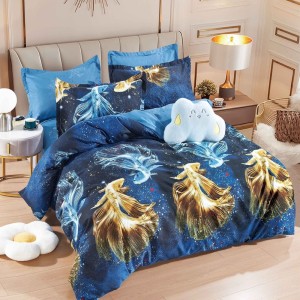 Lenjerie pat dublu,  FINET, 6 piese, Jojo Home, Albastru, Auriu, pești 