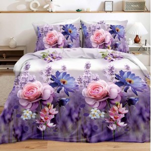 Lenjerie pat dublu, 4 piese, IMPRIMEU 3D Multiplicat Multiplicat, Microfibra, Mov, flori