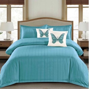 Lenjerie HoReCa, pat dublu, Damasc Satinat Deluxe cu Elastic, 6 piese, IDENTICA CU POZA, Bleu