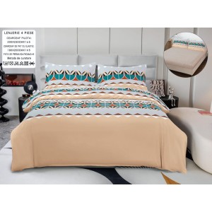 Lenjerie pat dublu, bumbac satinat,  Cearșaf cu ELASTIC 180x200cm, 4 PIESE, Gri, Verde, Bej, clasic