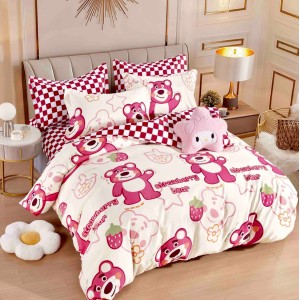 Lenjerie pat dublu,  FINET, 6 piese, cu ELASTIC, Jojo Home, Crem-Rosu, ursuleti, capsune