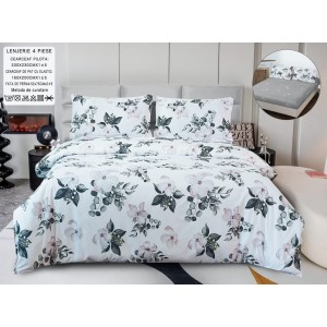 Lenjerie pat dublu, bumbac satinat,  Cearșaf cu ELASTIC 160x200cm, 4 PIESE, Alb, Gri, flori
