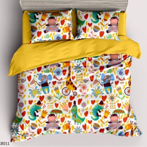 Lenjerie pat Single, BUMBAC 100% Percal, cu 2 Fețe, 4 piese, Alb, Galben, Animale Sălbatice, Flori