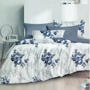 Lenjerie pat dublu,  FINET, 6 piese, Albastru, flori