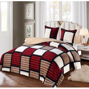 Pilota CoCoLiNo Frizzy cu blanita, matlasata, 200x230cm, cu fete de perna 60x60cm, Crem, Rosu, patratele