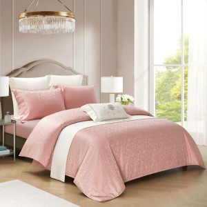 Lenjerie de Pat Dublu, Jacquard Finetat – 4 Piese, Luciu Satinat Rafinat și Confort Premium, Somon Lenjerie de Pat Dublu, Jacquard Finetat – 4 Piese, Luciu Satinat Rafinat și Confort Premium, Somon