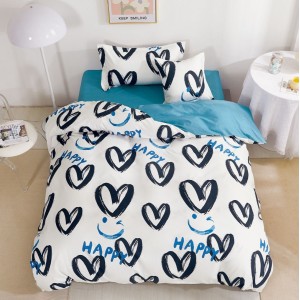 Lenjerie pat 1 PERSOANA,  FINET, 4 piese, cu ELASTIC, Bleu-Negru, inimioare