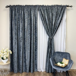 Draperie Catifea MYKONOS cu valuri rafinate aurii, 140cm latime x 260cm înălțime, cu TIV LAT, Gri inchis - V11