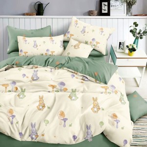 Lenjerie pat 1 PERSOANA, 4 piese, cu ELASTIC,  Verde, iepurasi