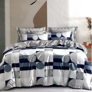 Lenjerie pat dublu,  FINET, 6 piese, cu ELASTIC, Albastru, forme geometrice