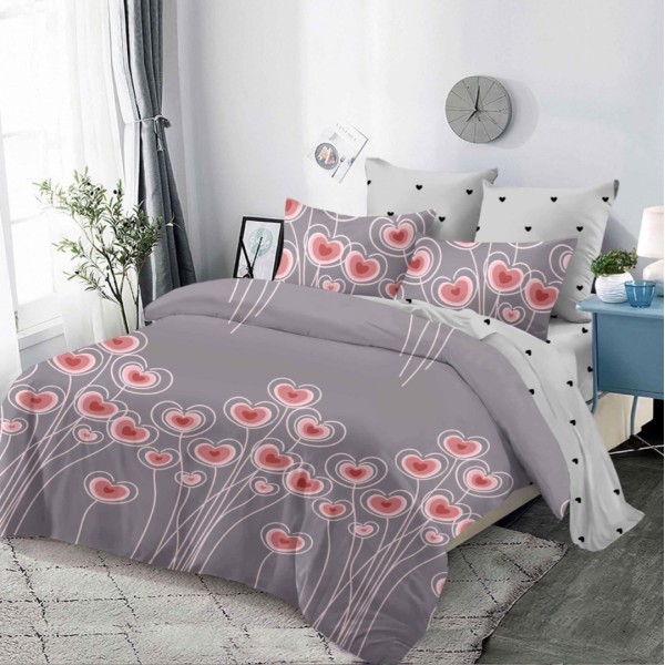 Lenjerie pat dublu,  FINET, cu elastic, 6 piese, Gri-Roz, inimioare [1]