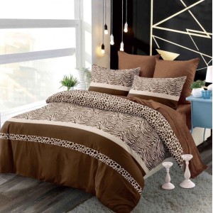 Lenjerie pat dublu,  FINET, cu elastic, 6 piese, Maro, Bej, Animal Print, Dungi