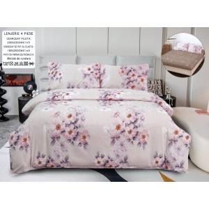 Lenjerie pat dublu, bumbac satinat,  Cearșaf cu ELASTIC 180x200cm, 4 PIESE, Bej, Roz, flori