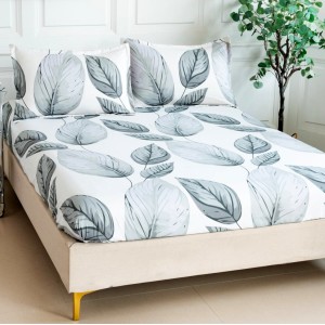 Cearsaf cu elastic, Bumbac Satinat, 160/180x200cm, 2 fete de perne 50x70cm, Gri, frunze