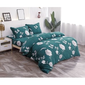 Lenjerie pentru Pat Dublu, Cocolino Premium, 4 Piese – Plușată, Groasă, și Călduroasă, Ideală pentru Iarnă –  Confort Maxim, Antișifonare, Verde Petrol, flori
