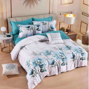 Lenjerie pat dublu,  FINET, 6 piese, cu ELASTIC, Jojo Home, Bleu, flori