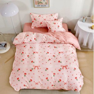 Lenjerie pat 1 PERSOANA,  FINET, 4 piese, cu ELASTIC, Roz, lalele, fundite, inimioare