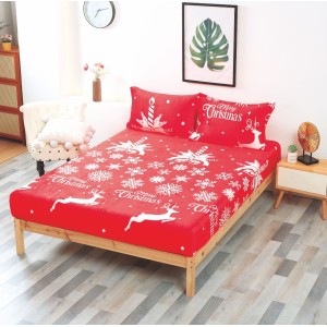 Cearsaf cu elastic CoCoLiNo Polar, 180x200x25cm, 2 fete de perne 50x70cm, Rosu, Alb, Merry Christmas, reni, fulgi de nea